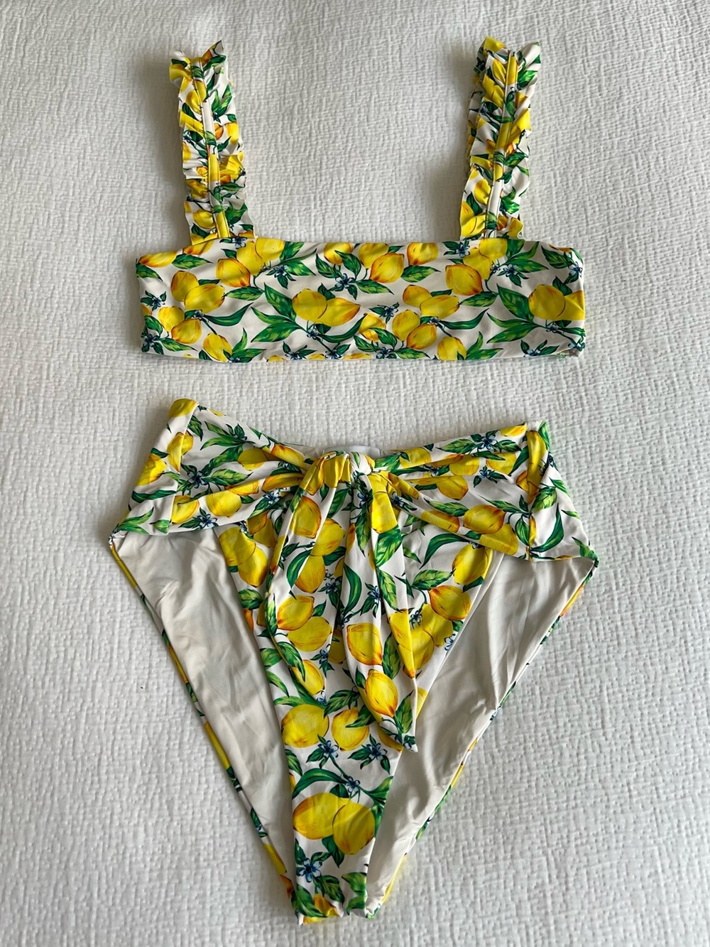 Onia x WeWoreWhat Lemon Print Bikini Set Ruffle Top M High Waist Bottom S